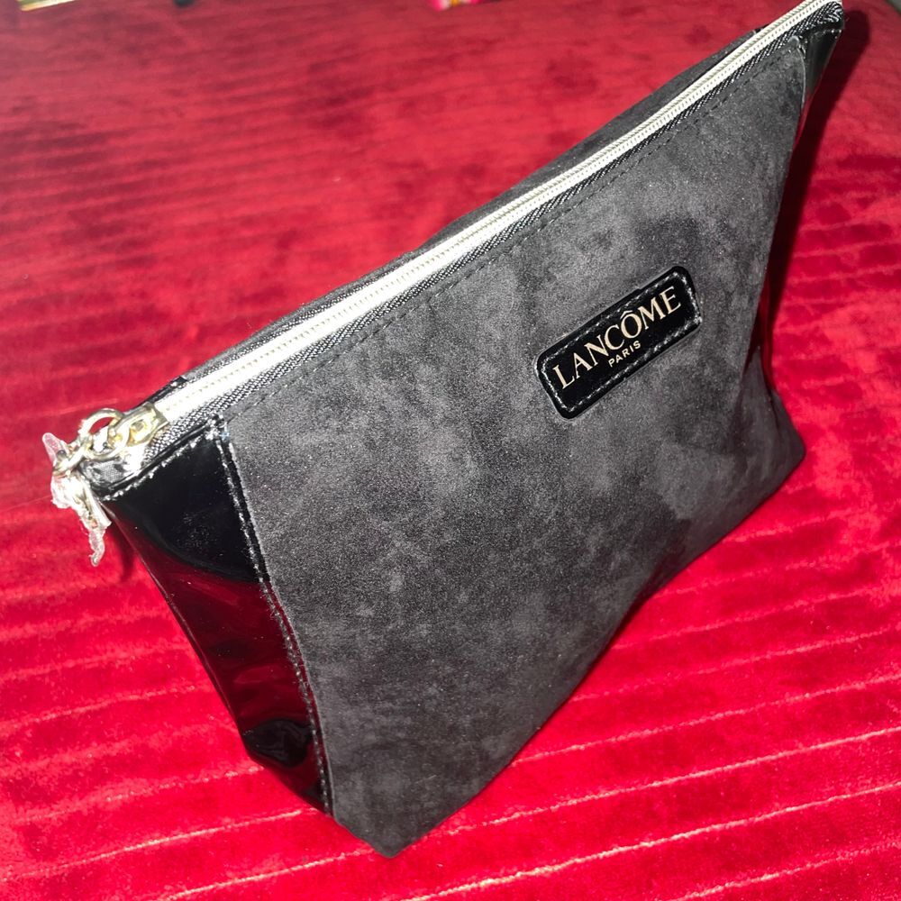 LANCOME Paris Cosmetic Makeup Travel Bag Black Suede with Patent Leather NEW